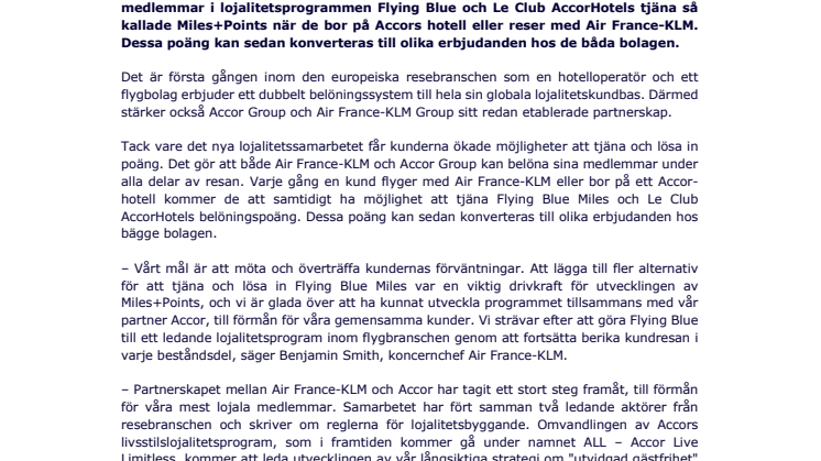 Accor och Air France-KLM lanserar nytt lojalitetssamarbete
