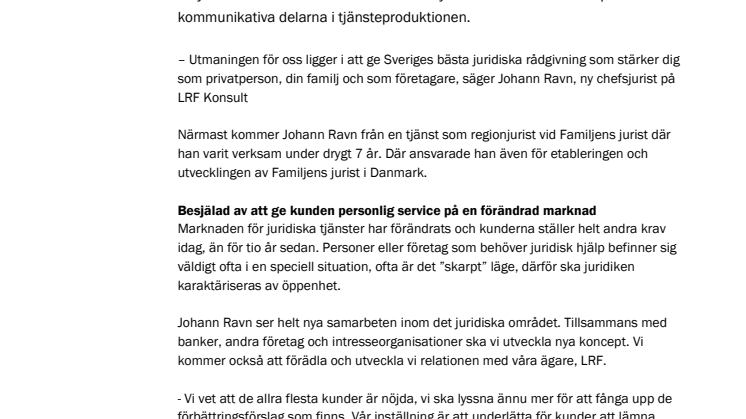 Johann Ravn ny chefsjurist på LRF Konsult: Avdramatisera juridiken och öppna för nya samarbeten
