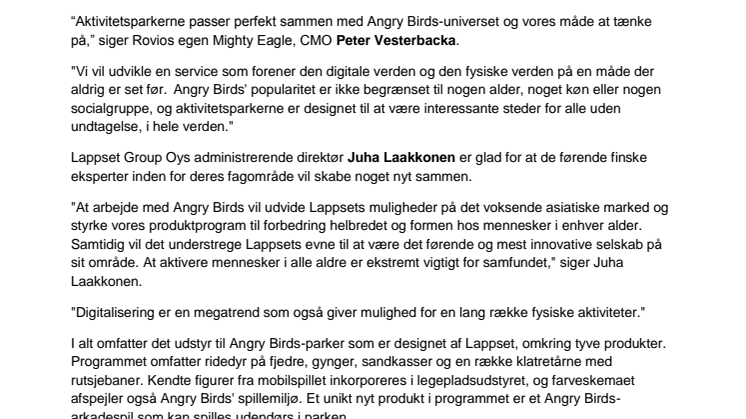 Angry Birds og den førende legepladsproducent Lappset indgår samarbejde