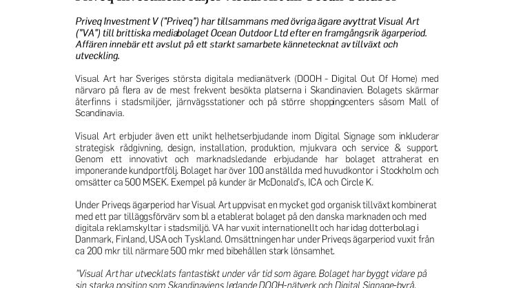 Priveq Investment säljer Visual Art till Ocean Outdoor