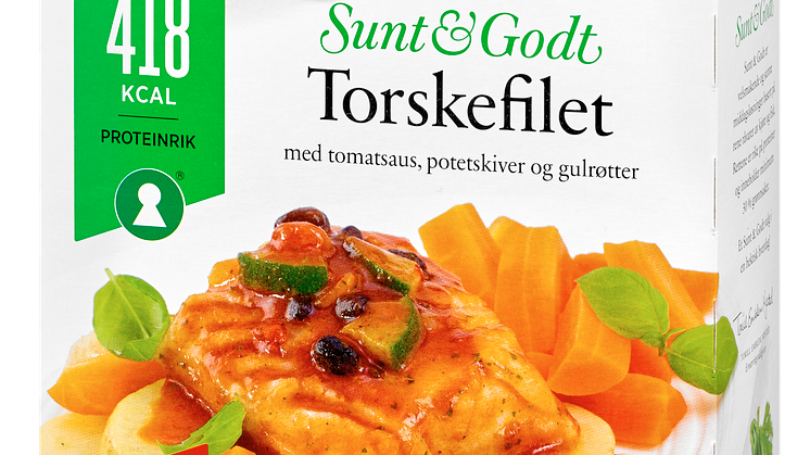 Fjordland Sunt & Godt torskefilet med tomatsaus, potetskiver og gulrot