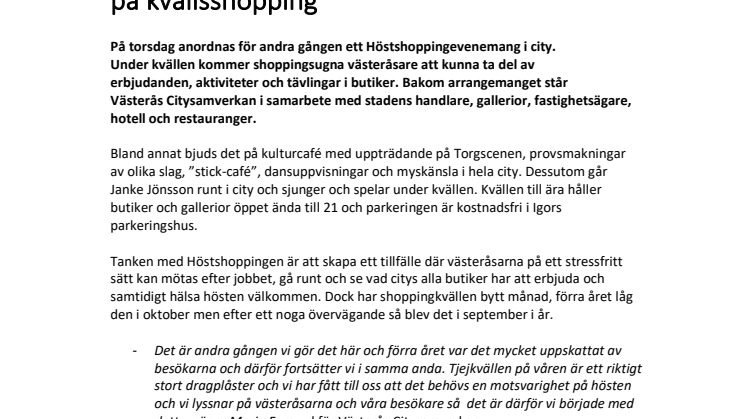 Den 27 september bjuds västeråsarna  på kvällsshopping