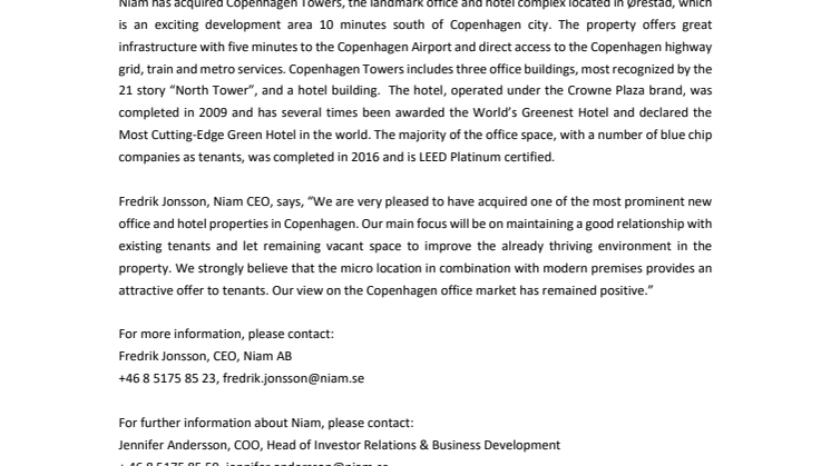 Niam acquires commercial property in Copenhagen, Denmark