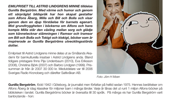 Gunilla Bergström tilldelas Emilpriset till Astrid Lindgrens minne 