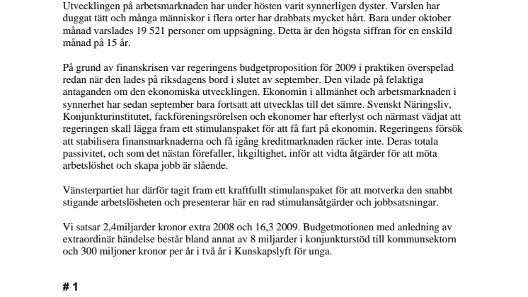 Vänsterpartiet presenterar stimulanspaket för jobb