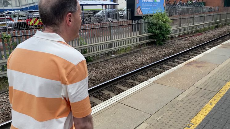B-roll of Bedfordshire Sight Loss Council volunteer Paul Day at Stevenage station
