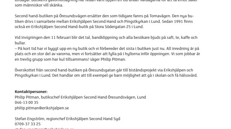 Nu öppnar Erikshjälpen Second Hand på Öresundsvägen i Lund