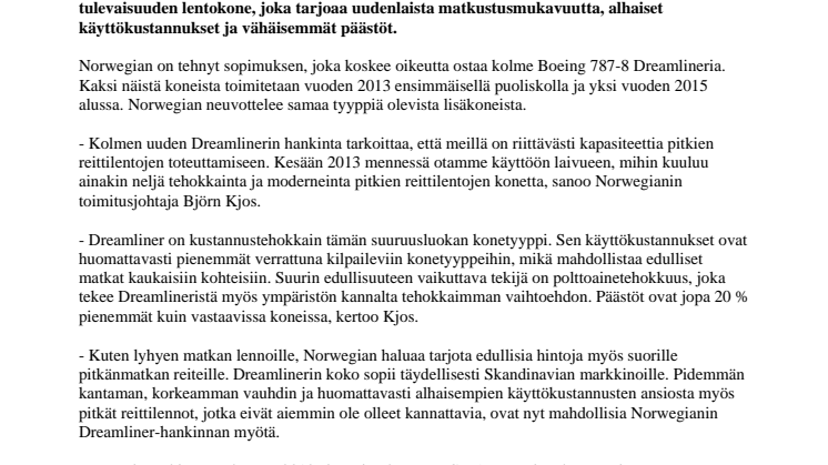Norwegian ostaa kolme uutta Boeing Dreamlineria