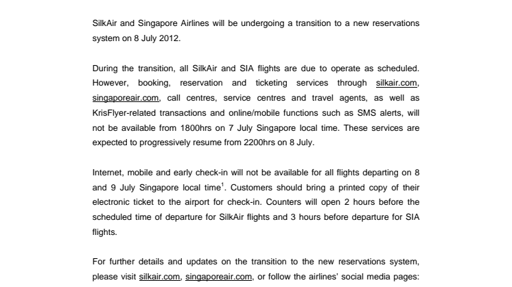 SilkAir and SIA Upgrading Reservations System on 8 July