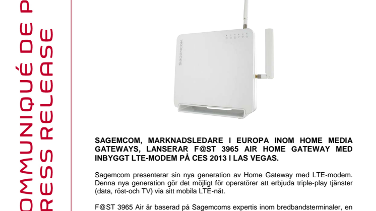SAGEMCOM PRESENTERAR EN NY HOME GATEWAY MED INBYGGT LTE-MODEM