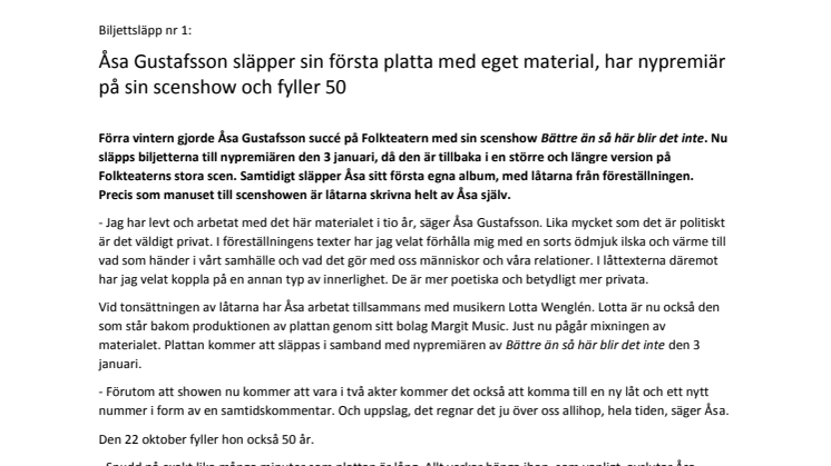 Biljettsläpp för två nypremiärer och ett gästspel på Folkteatern