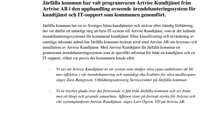 Järfälla kommun effektiviserar sin kundtjänst med Artvise Kundtjänst!