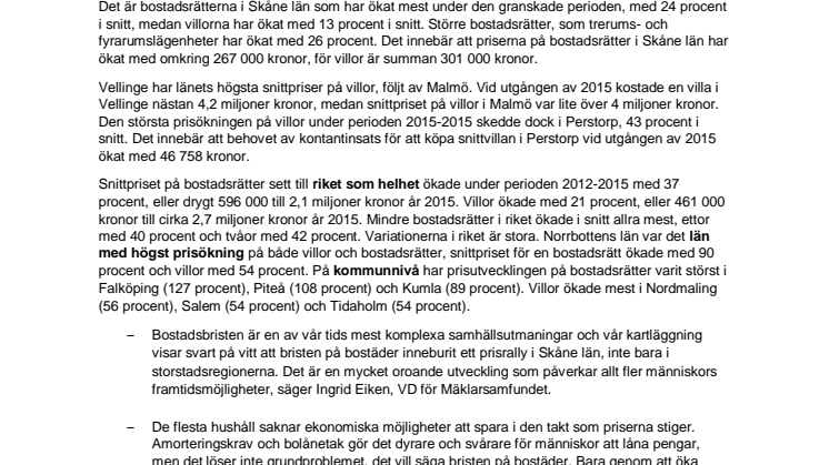 Bostadsbristen har skapat rekordhög prisutveckling i Skåne län åren 2012-2015