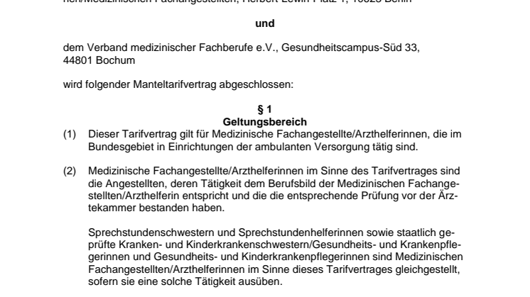 Manteltarifvertrag für medizinische Fachangestellte/ArzthelferInnen gültig ab 01.04.2017