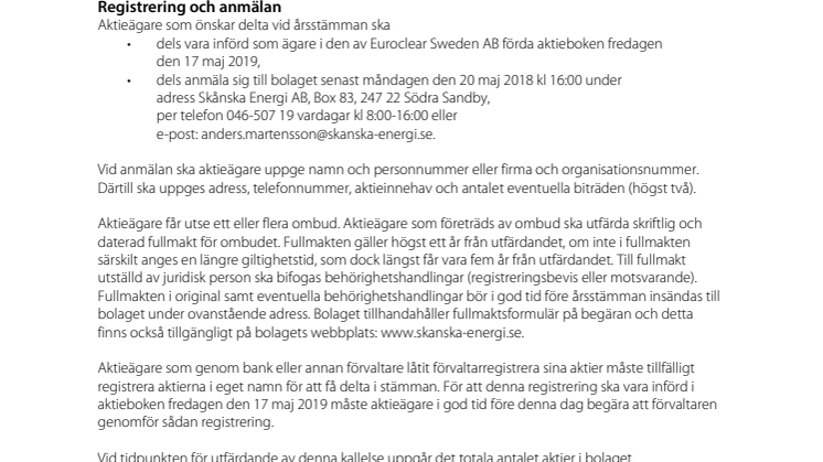Kallelse till årsstämma i  Skånska Energi AB (publ)