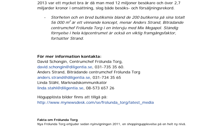 Frölunda Torg korat till Bästa Köpcentrum 2014 av Mix Megapols lyssnare