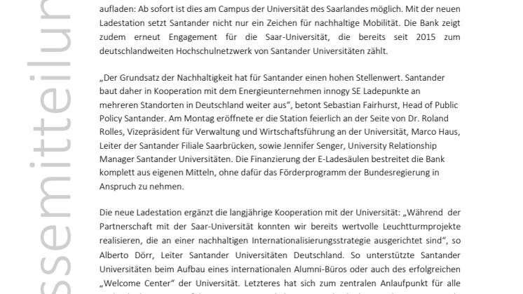 E-Mobil am Campus Saarbrücken: Santander eröffnet E-Ladesäule