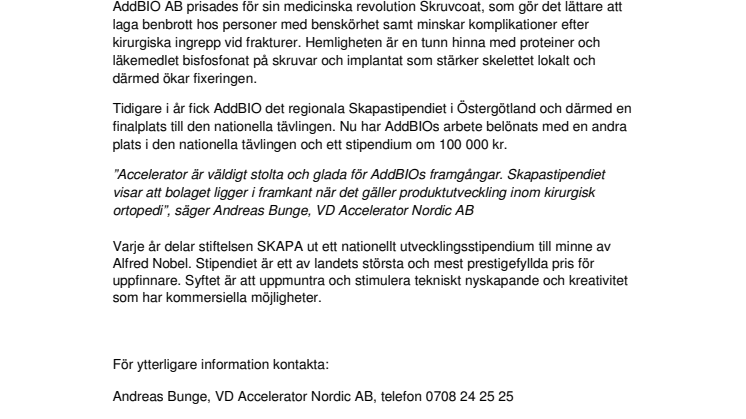  Nationellt uppfinnarpris till Accelerators dotterbolag AddBIO AB