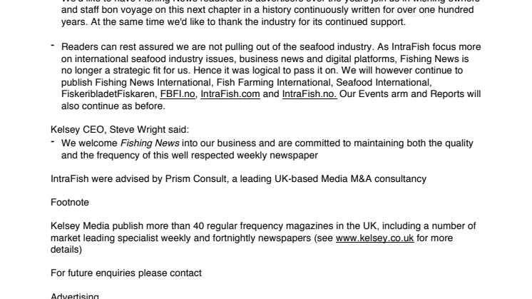 Kelsey take the helm at Fishing News