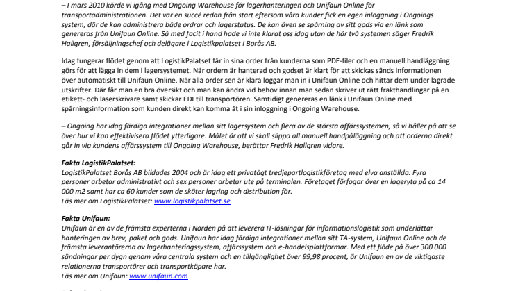 LogistikPalatset Borås AB effektiviserar orderflödet med Ongoing Warehouse och Unifaun Online