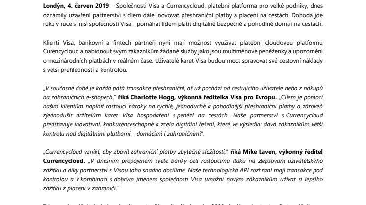 Partnerství společností Visa a Currencycloud mění přeshraniční platby i placení na cestách
