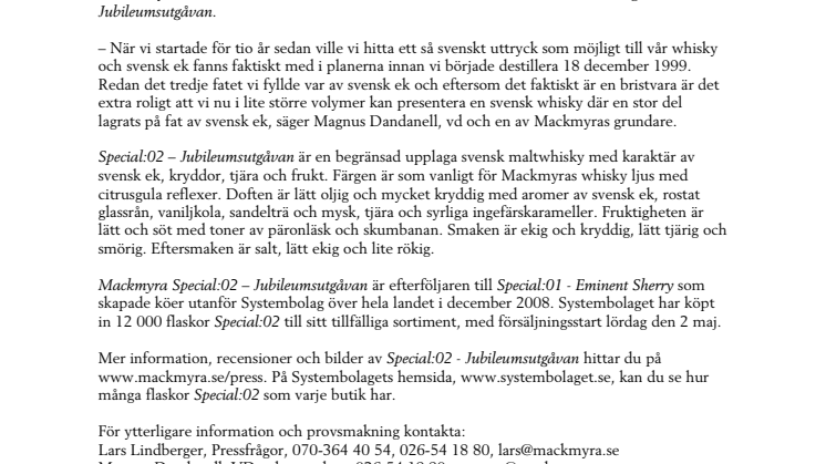 Unik jubileumswhisky från Mackmyra 2 maj