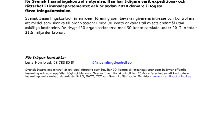 Justitieråd blir ny ordförande för Svensk Insamlingskontroll