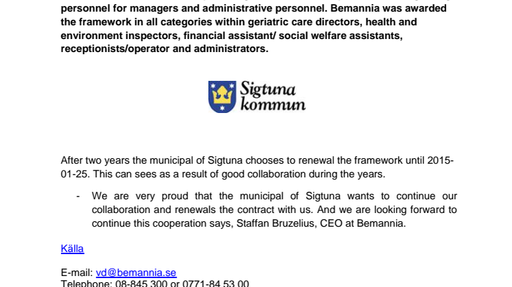 The municipality of Sigtuna renewal the framework agreement with Bemannia
