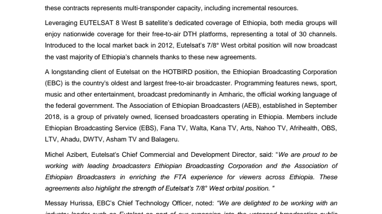 Eutelsat partners with Ethiopian Broadcasting Corporation and the Association of Ethiopian Broadcasters for video capacity on EUTELSAT 8 West B  