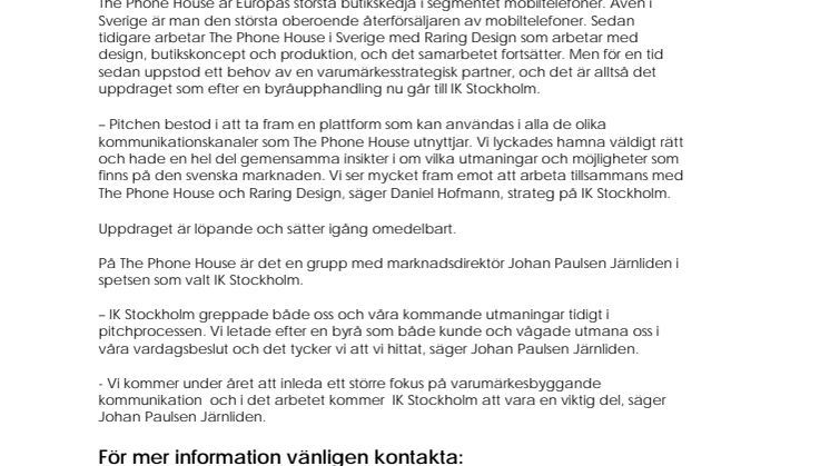 The Phone House väljer IK Stockholm som ny reklambyrå