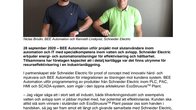 BEE Automation och Schneider Electric ingår partnerskap för effektivare och mer hållbara produktionsanläggningar