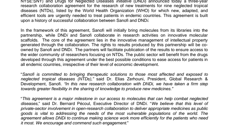 Sanofi and DNDi - Drugs for Neglected Diseases initiative - Sign an Innovative Agreement to Generate New Drugs for Neglected Tropical Diseases