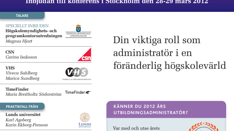 Administratör inom högskolan 2012. Konferens i Stockholm 28-29 mars 2012