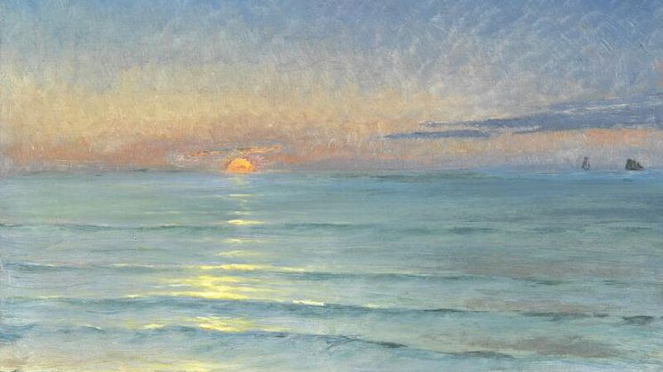 P. S. Krøyer- "Solnedgang ved Nordstranden. Solen gaar ned rød over Havet. I Horizonten et Par Sejlskibe." Vurdering- 600.000-800.000 kr. 