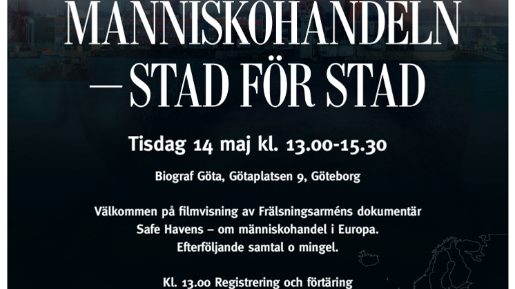 Inbjudan till Frälsningsarméns visning av dokumentärfilmen Safe Havens i Göteborg. 