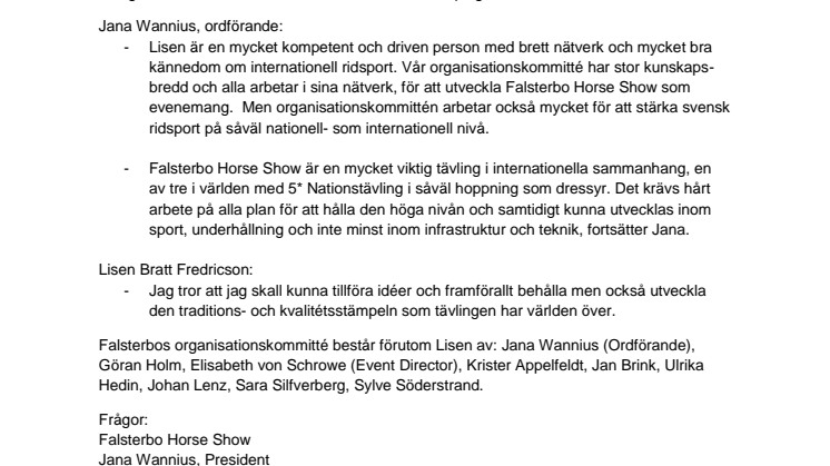 ​Lisen Bratt Fredricson ny i Falsterbo Horse Shows Organisationskommitté