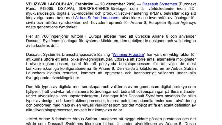 Airbus Safran Launchers och Dassault Systèmes samarbetar kring designen av rymdraketen Ariane 6