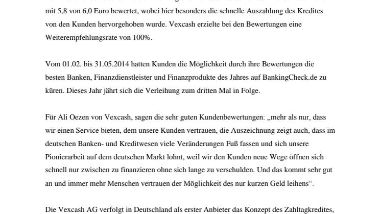 Bester Kurzzeitkreditanbieter: Die Berliner Vexcash AG belegt 1. Platz beim BankinCheck Award 2014