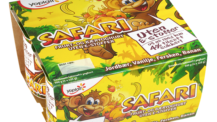 Yoplait Safari Apeyoghurt. Jordbær, vanilje, fersken og banan.
