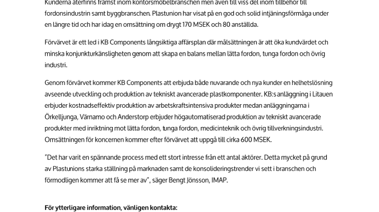 IMAP rådgivare då Plastunion AB säljs till KB Components AB