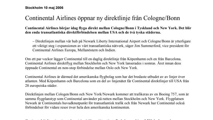 Continental Airlines öppnar ny direktlinje från Cologne/Bonn