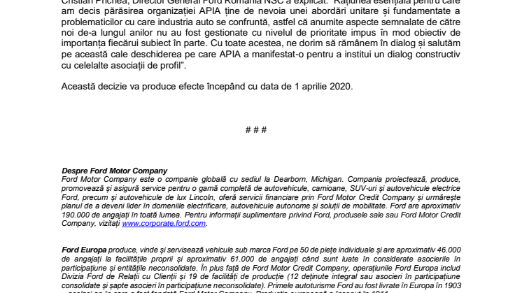 Ford România anunță retragerea sa din Asociația Producătorilor și Importatorilor de Automobile (APIA)