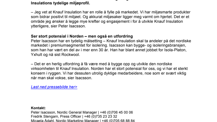 Peter Isacsson ny sjef for  Knauf Insulation Norden