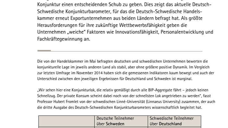 Deutsch-Schwedisches Konjunkturbarometer Mai 2015: Deutschland und Schweden brauchen mehr Investitionen