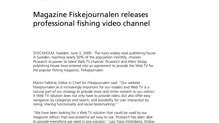 Largest Nordic publishing house Allers förlag launches Web TV with Picsearch - Magazine Fiskejournalen releases professional fishing video channel