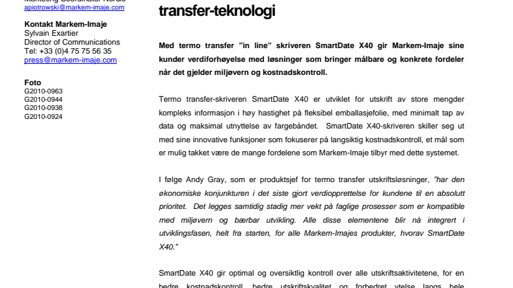 Med sin nye modell, SmartDate® X40, går Markem-Imaje enda lenger innen termo transfer-teknologi