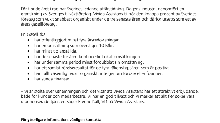 Vivida Assistans utsedd till Gasellföretag