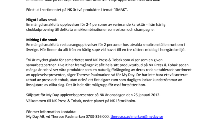 Säljstart för My Day upplevelsepresenter på NK i Stockholm