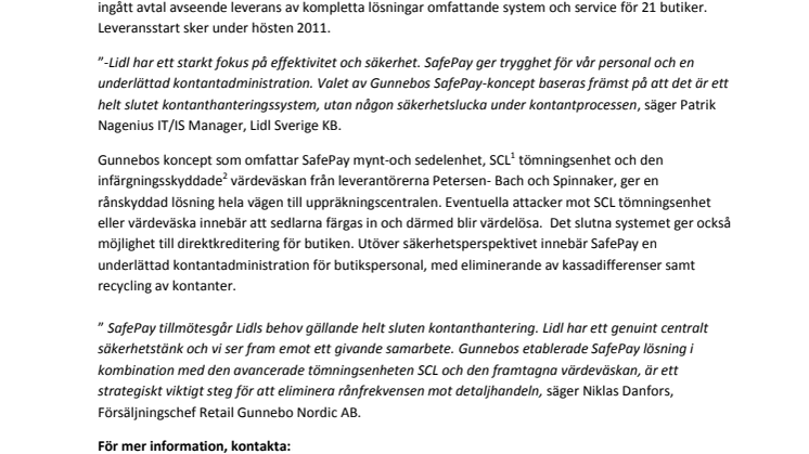 Gunnebo levererar SafePay™ –  sluten kontanthantering till Lidl