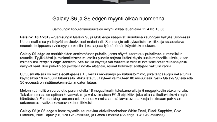 ​Galaxy S6 ja S6 edgen myynti alkaa huomenna